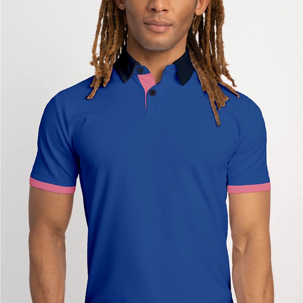Two Twillory performance polo in blue pink contrast and orange and navy.